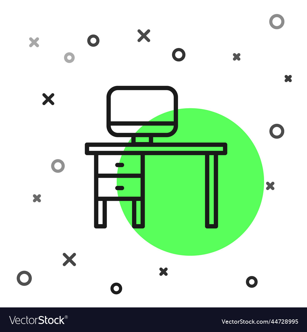 Black line computer monitor and desk icon isolated