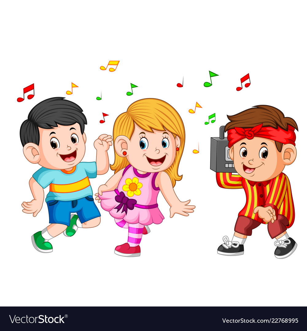 Kids dancing of hip-hop and a boy holds a vintage Vector Image