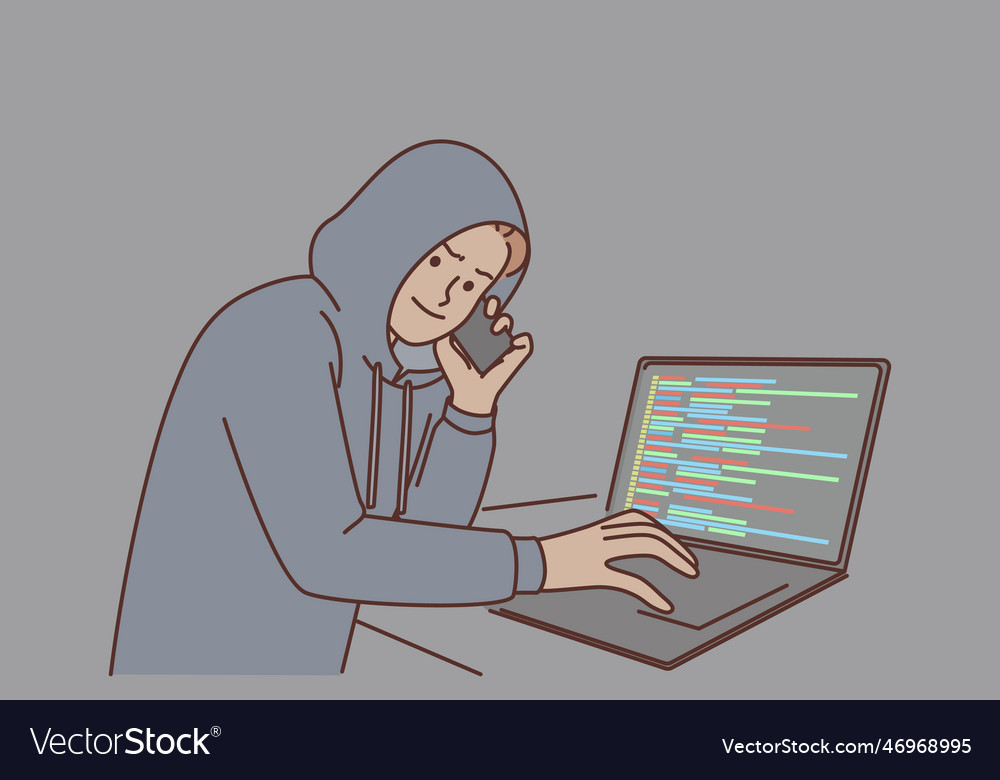 Man hacker with laptop and making phone call vector image Man hacker with laptop and making phone call
