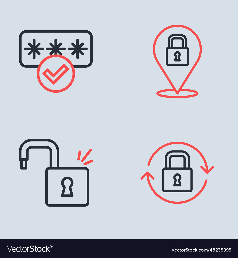 Set line lock open padlock and password vector image Set line lock open padlock and password