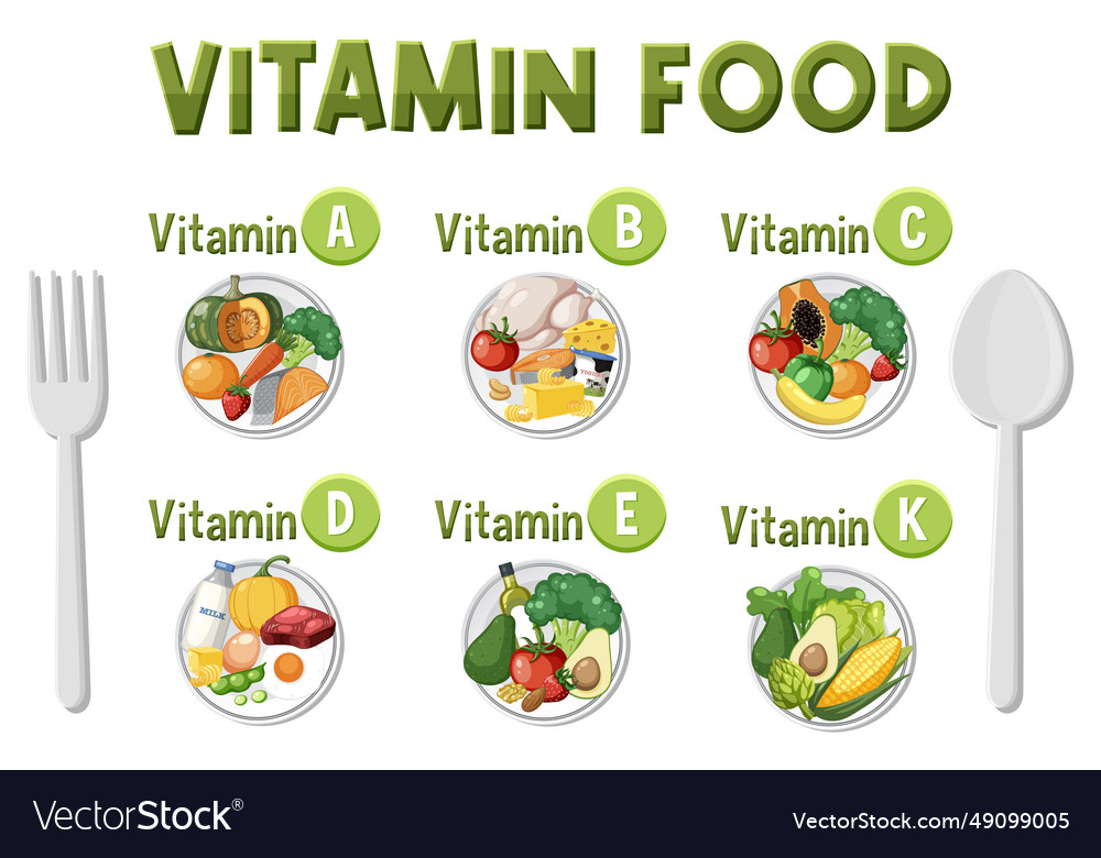 Grouped food with essential vitamins for optimal Vector Image