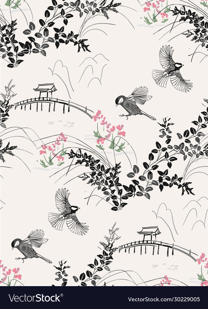 Japanese chinese design ink flower seamless vector image Japanese chinese design ink flower seamless