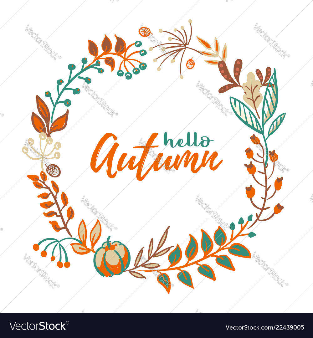 Wreath of autumn leaves and fruit in doodle vector image Wreath of autumn leaves and fruit in doodle