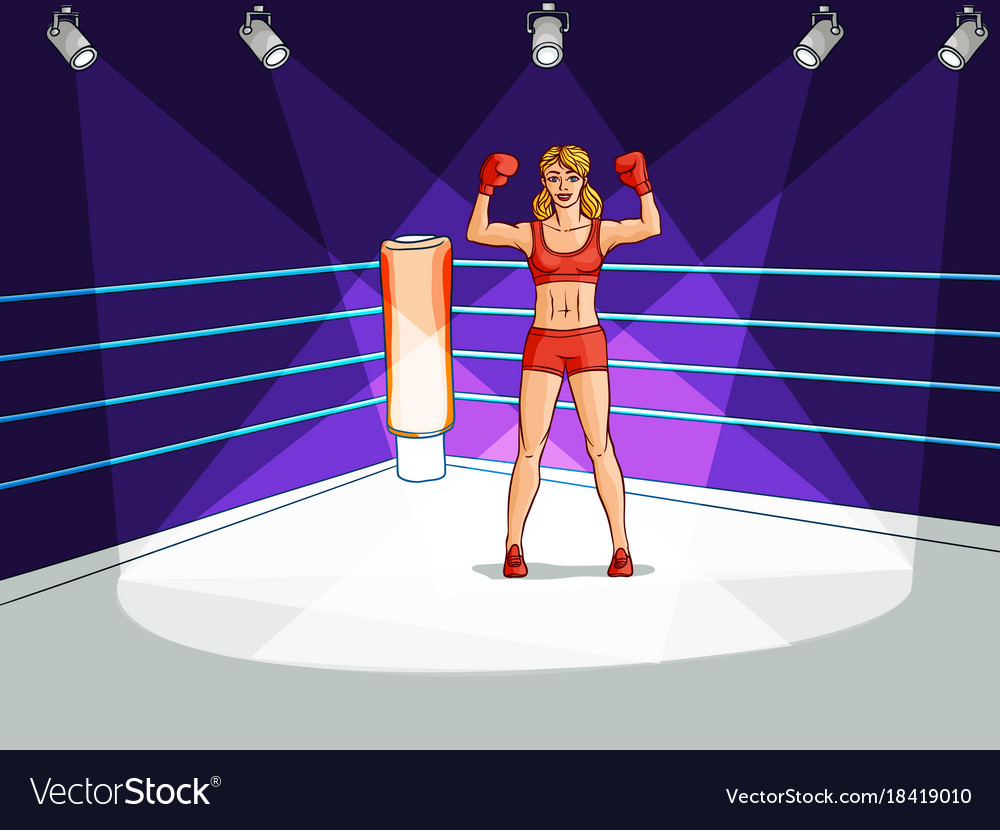 vector cartoon muscular strong cute beautiful woman, girl in boxing stand w...