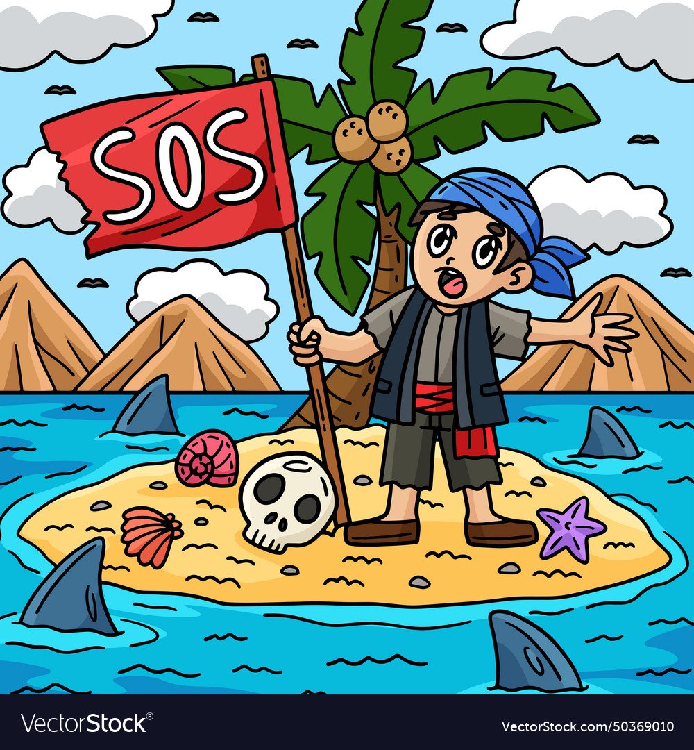 Pirate with sos flag colored cartoon