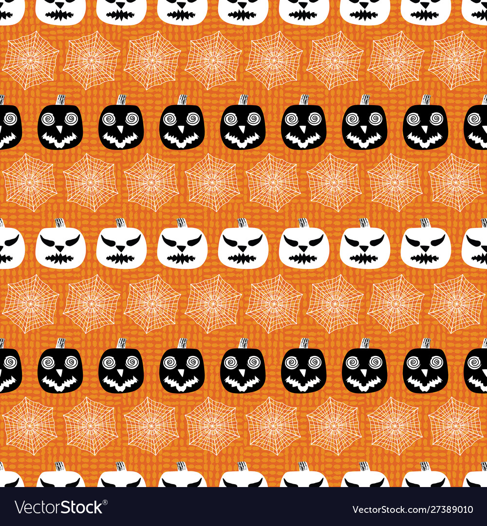 Scary pumpkin faces and spider webs seamless