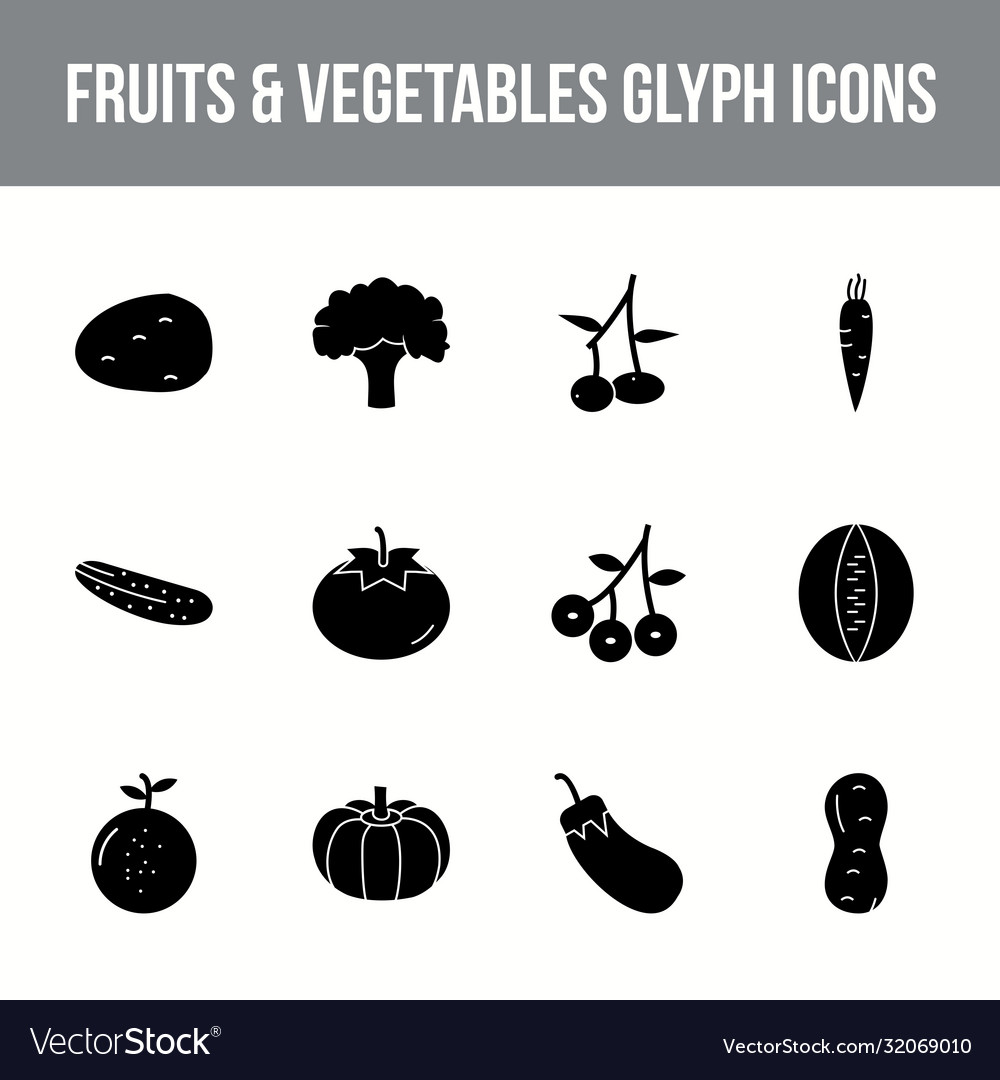 Einzigartige Obst-Gemüse-Glyphen-Symbol-Set