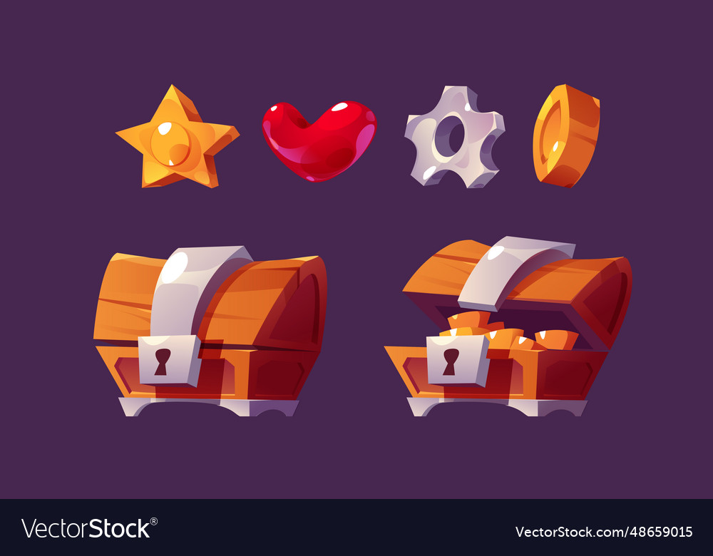 Gold and chest ui game icon element set Royalty Free Vector