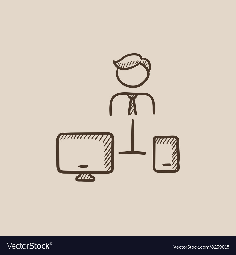 Man linked with computer and phone sketch icon