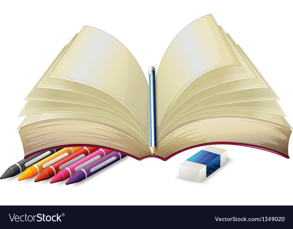 A book with a pencil an eraser and crayons Vector Image