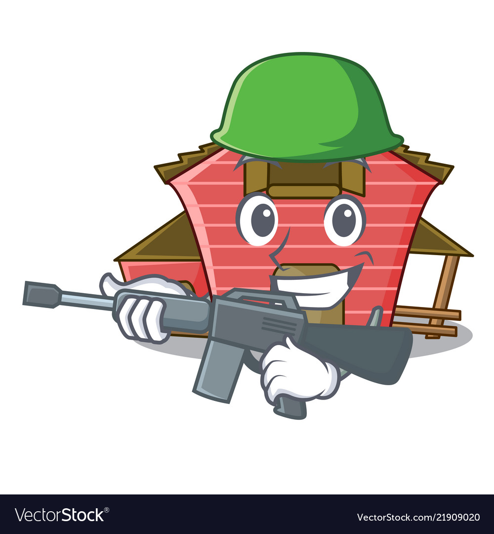 Army character red barn building with haystack