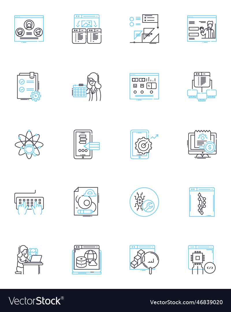 Desktop computer linear icons set processor vector image Desktop computer linear icons set processor