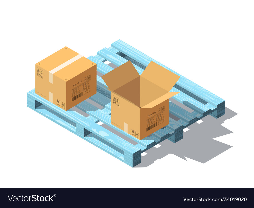 Isometric wooden pallet and boxes with shadows Vector Image