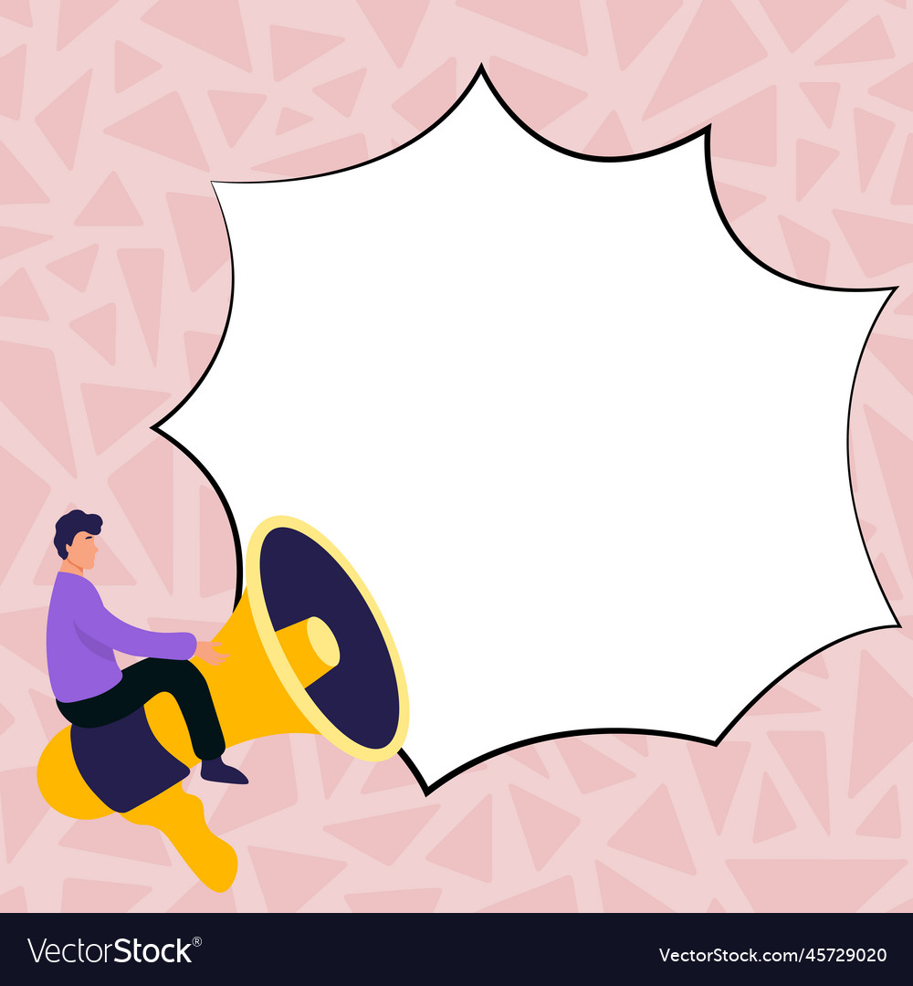 Man sitting on megaphone big empty dialog bubble
