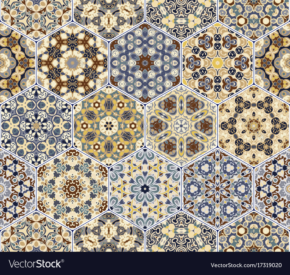 Set from yellow and blue hexagonal patterned tiles