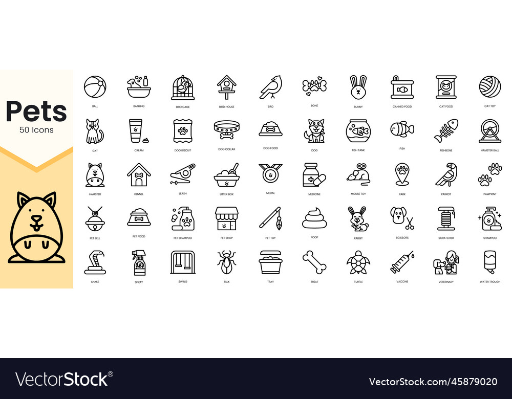 Simple outline set of pets icons linear style vector image Simple outline set of pets icons linear style