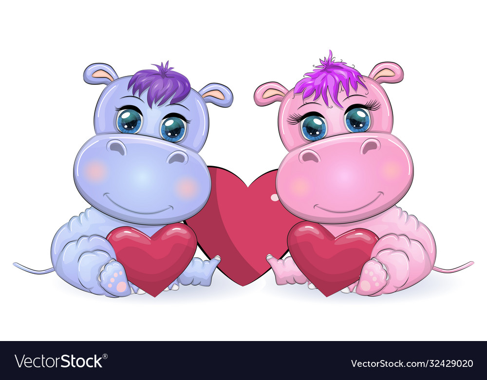 Two cute cartoon hippo with beautiful eyes among