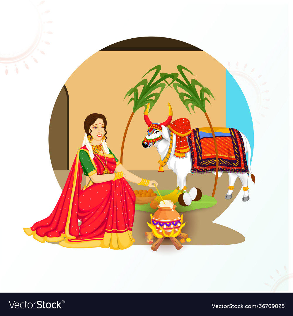 Beautiful woman cooking rice in mud pot with ox Vector Image