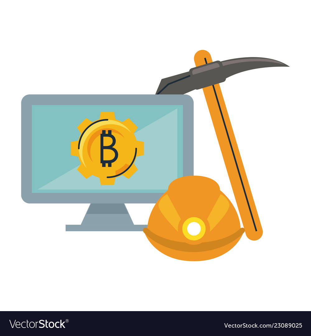Bitcoin Bergbau vom Computer mit Werkzeugen vector image Bitcoin Bergbau vom Computer mit Werkzeugen