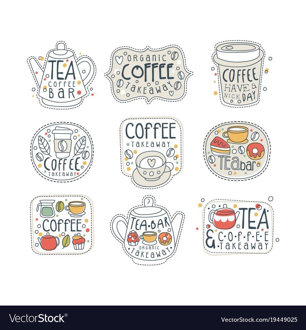 Coffee and tea labels for street shop cafe or bar