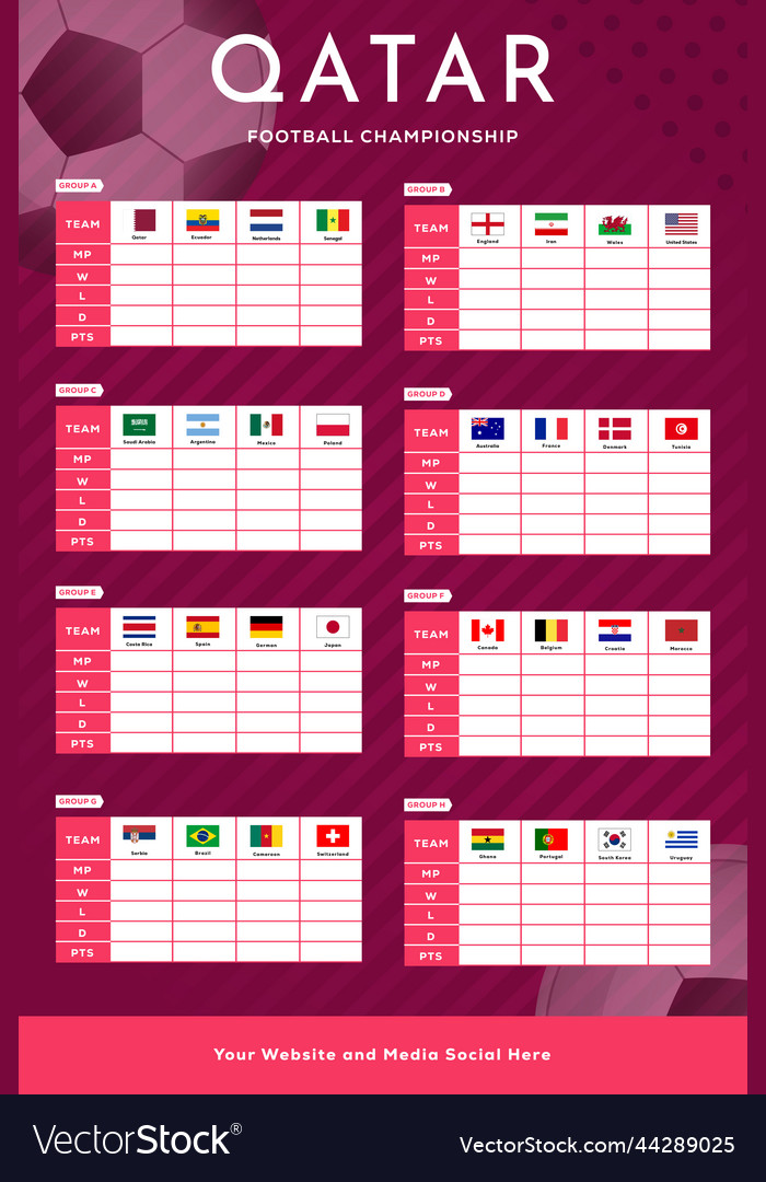 Flat football championship groups table template Vector Image