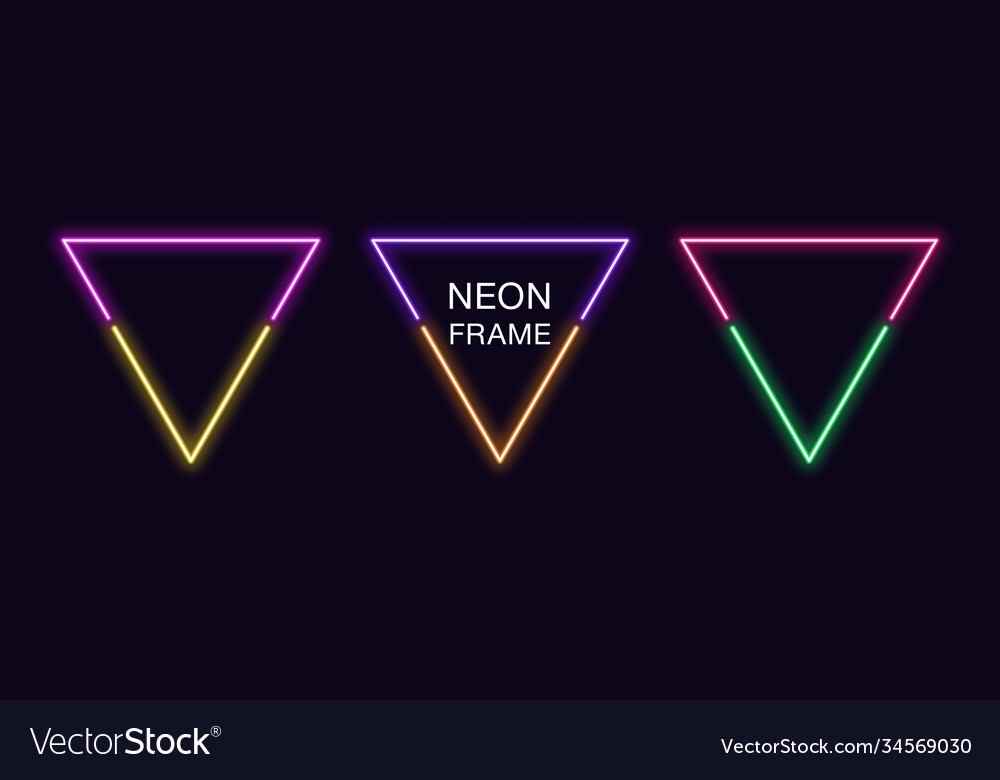 Neon triangle frame set triangular border vector image Neon triangle frame set triangular border