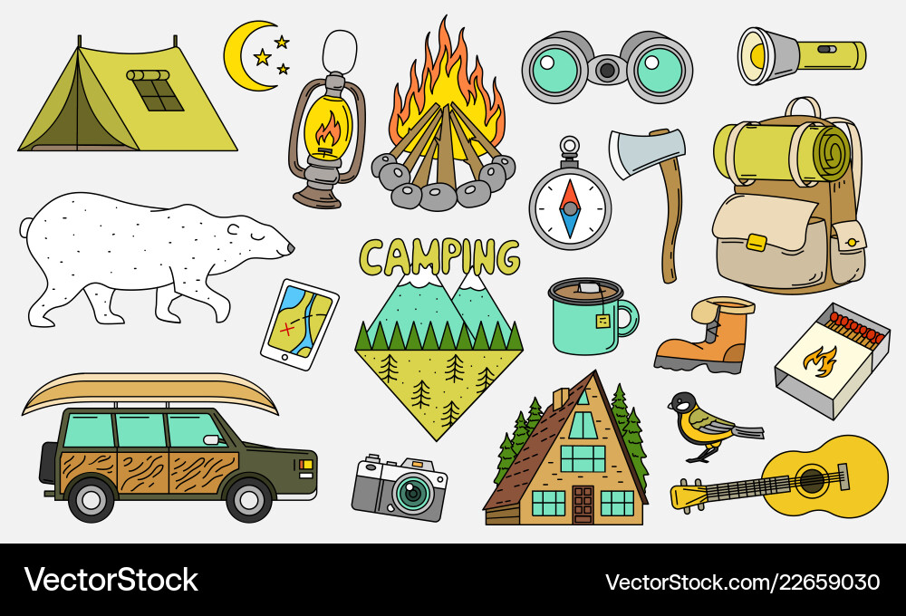Set cute camping elements equipment in forest Vector Image