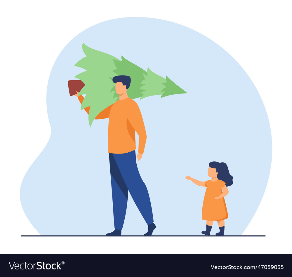 Dad and little daughter carrying fir tree together