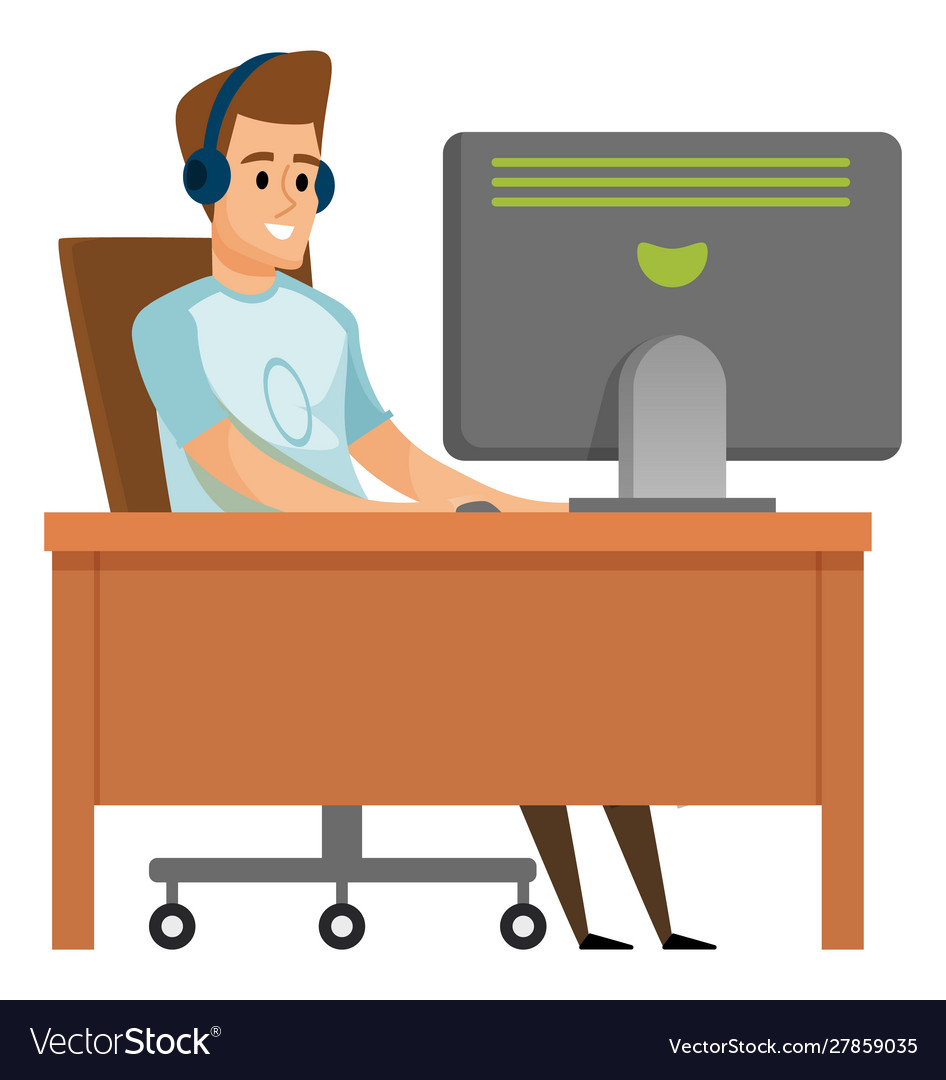 Man Using Computer with Headset