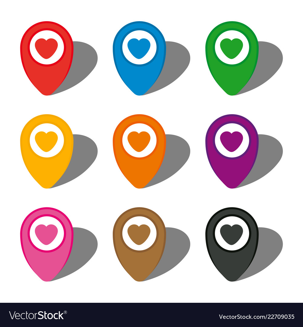 Set of nine colorful map pointers with heart icon vector image Set of nine colorful map pointers with heart icon