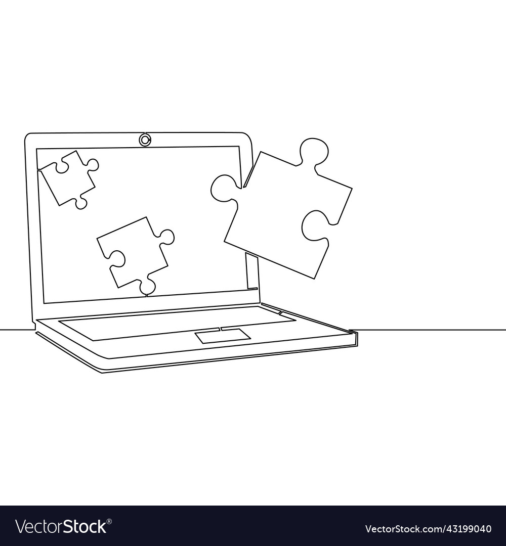 Continuous line laptop computer with puzzle pieces vector image Continuous line laptop computer with puzzle pieces
