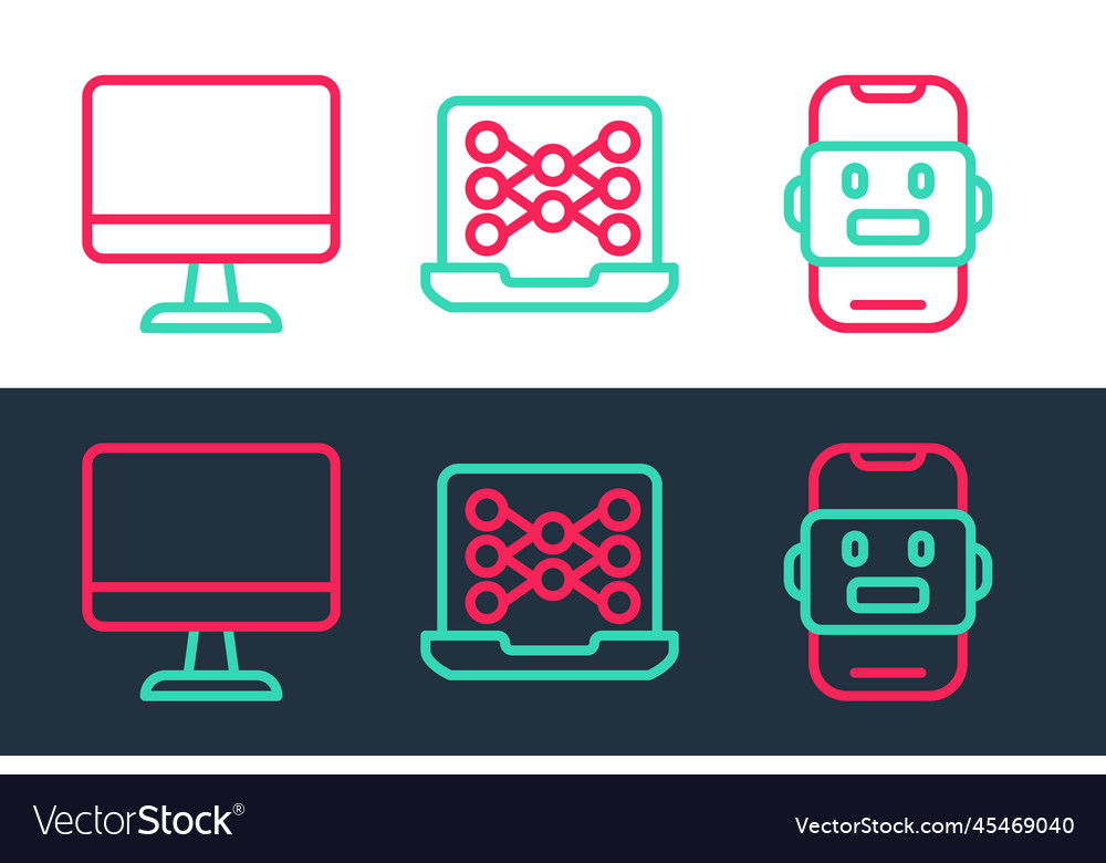 Set line chat bot computer monitor and neural vector image Set line chat bot computer monitor and neural