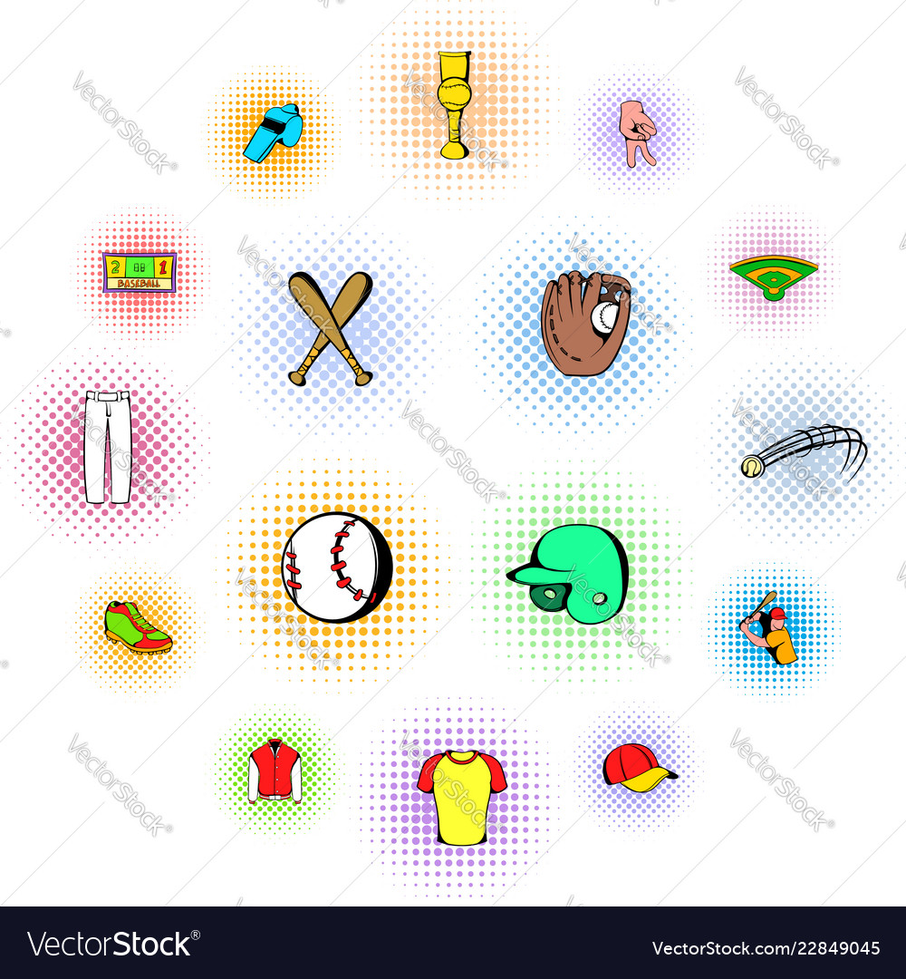 Baseball icons set comics style vector image Baseball icons set comics style