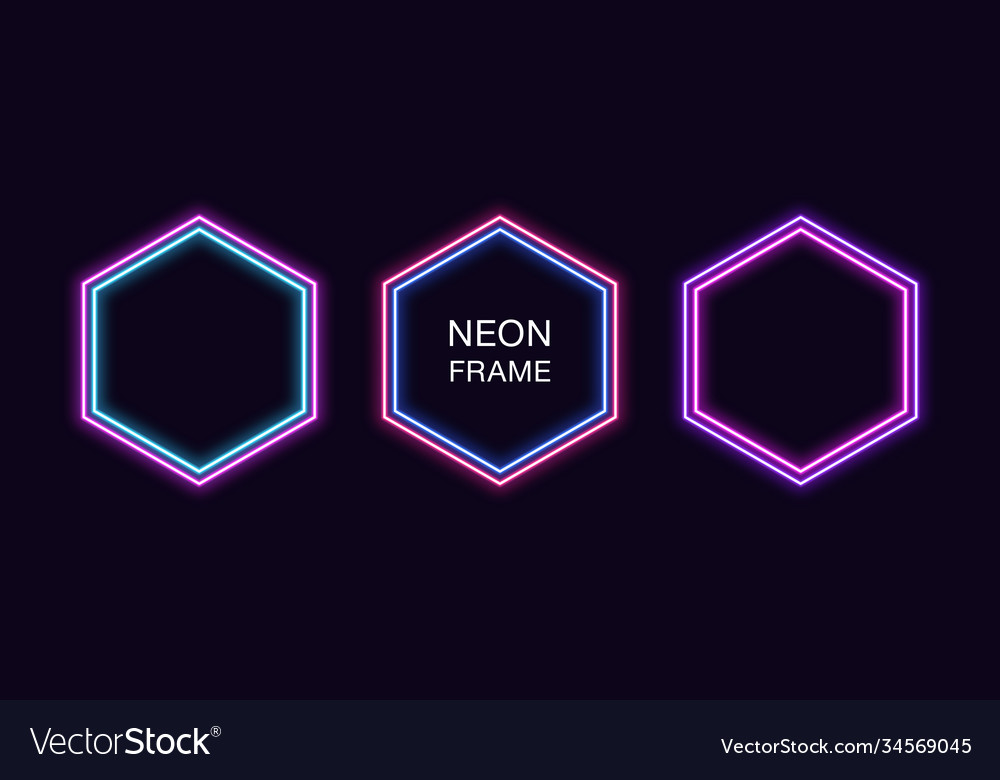 Neon hexagon frame set hexagonal border