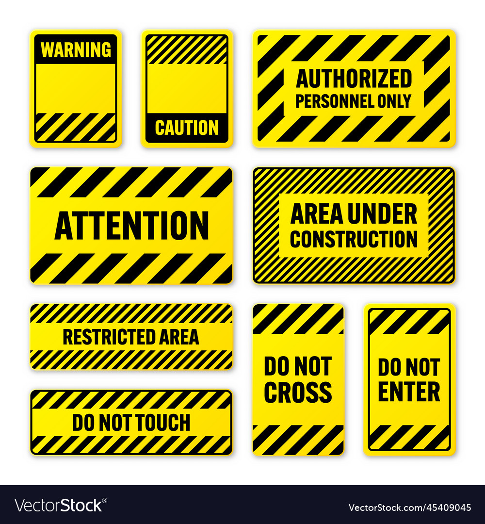 Various black and yellow warning signs Royalty Free Vector