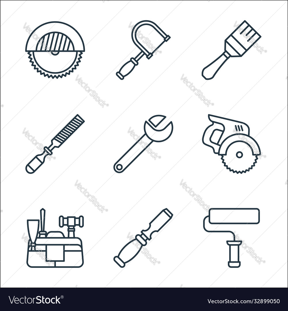Carpentry line icons linear set quality vector image Carpentry line icons linear set quality