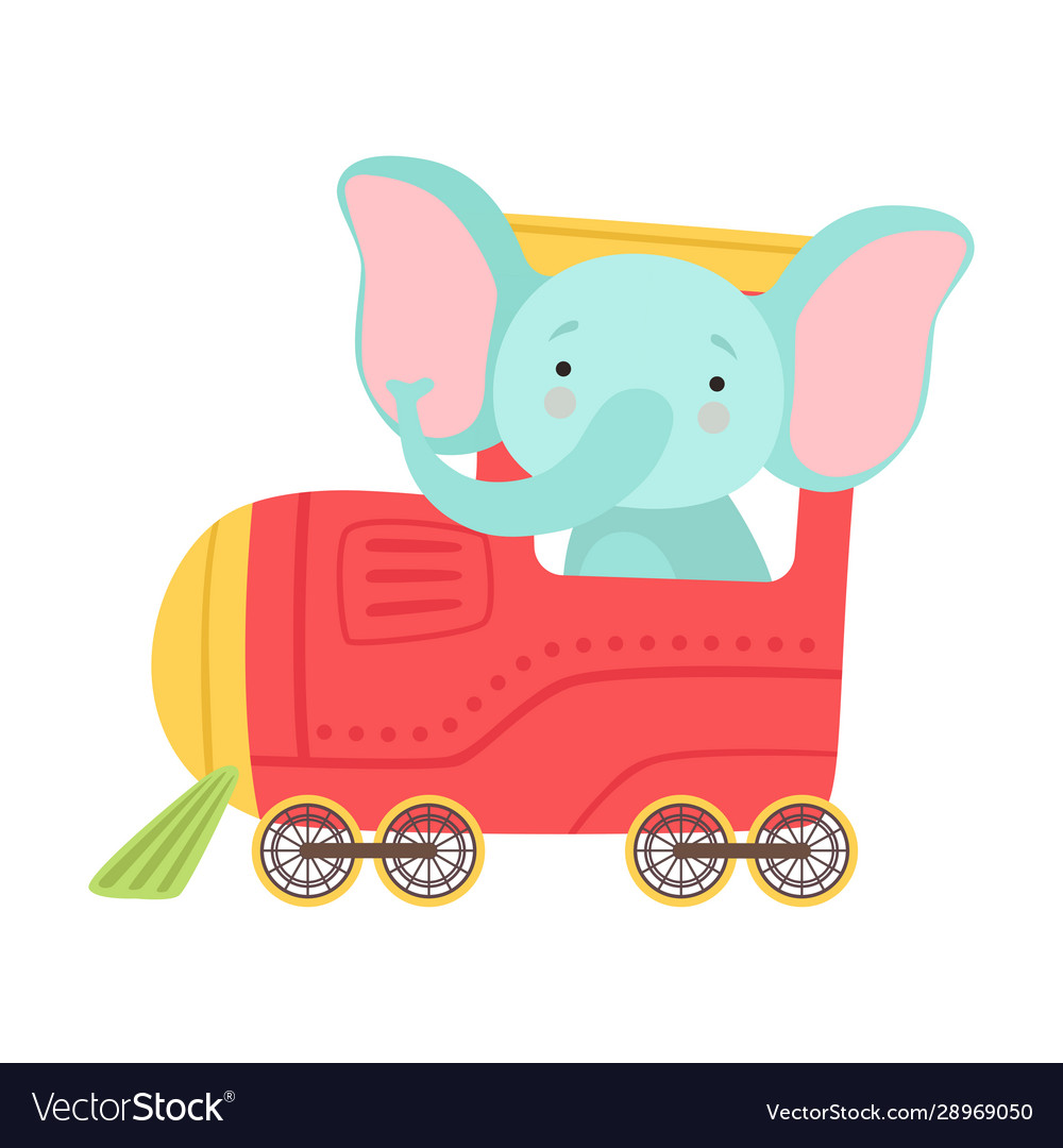 Funny elephant with long trunk riding on train