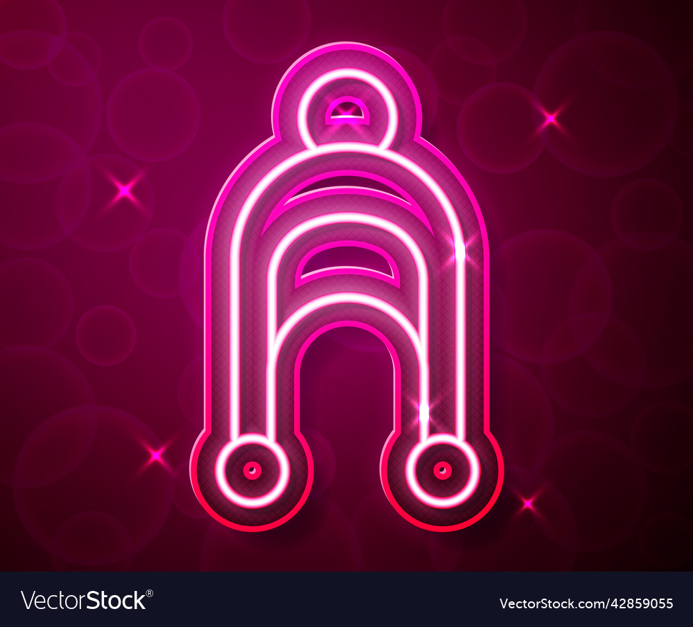 Glowing neon line winter hat icon isolated on red