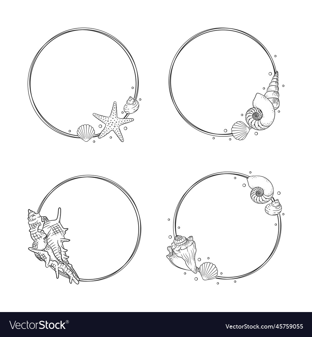 Seashells frame set sea and ocean hand drawn vector image Seashells frame set sea and ocean hand drawn