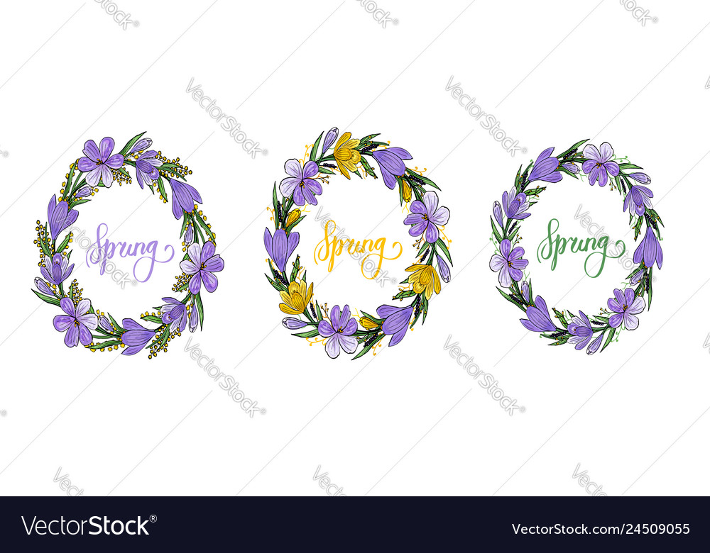 Spring wreath with crocusesmimosa and lettering