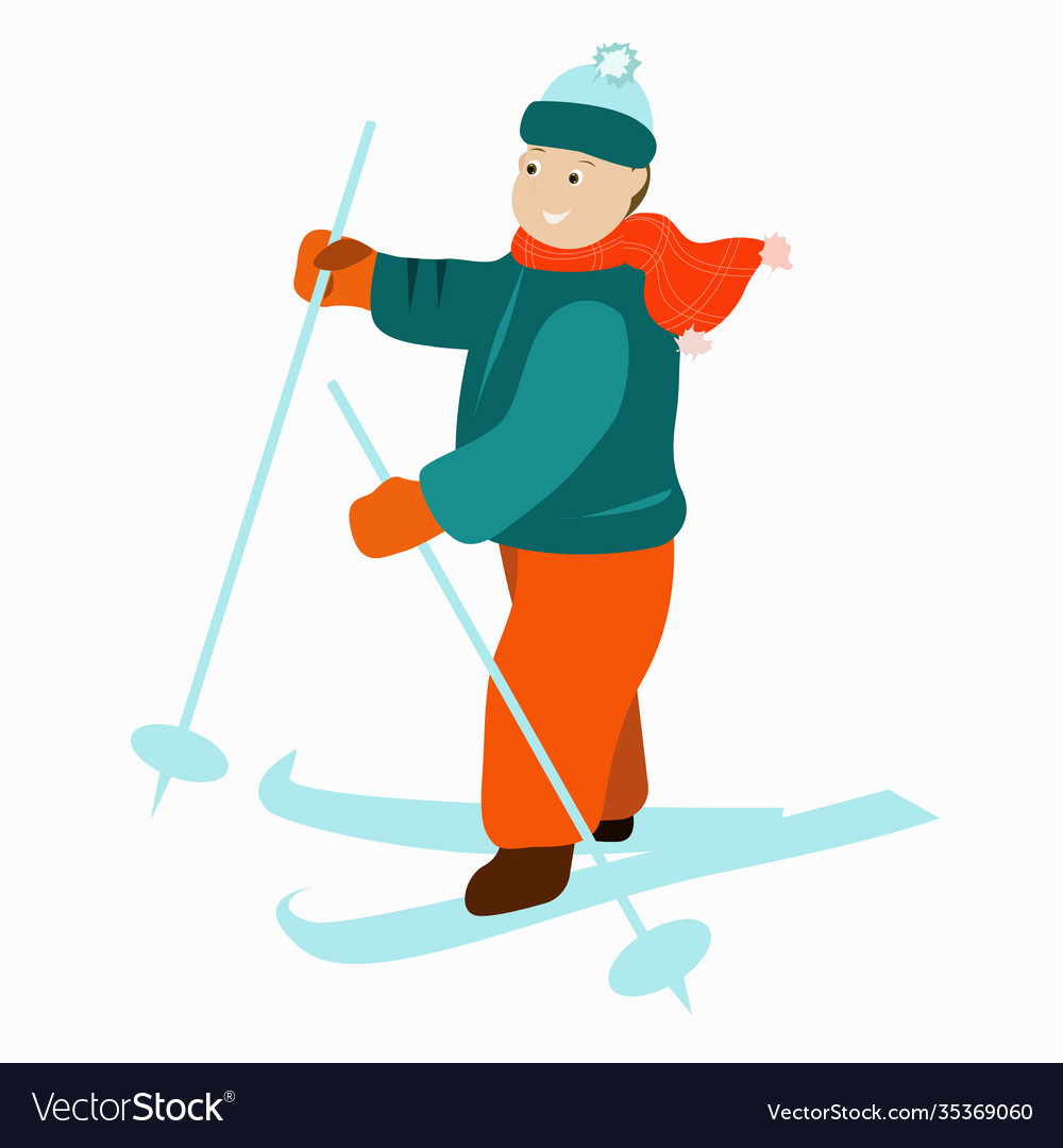 A boy stands on skis in winter clothes Royalty Free Vector