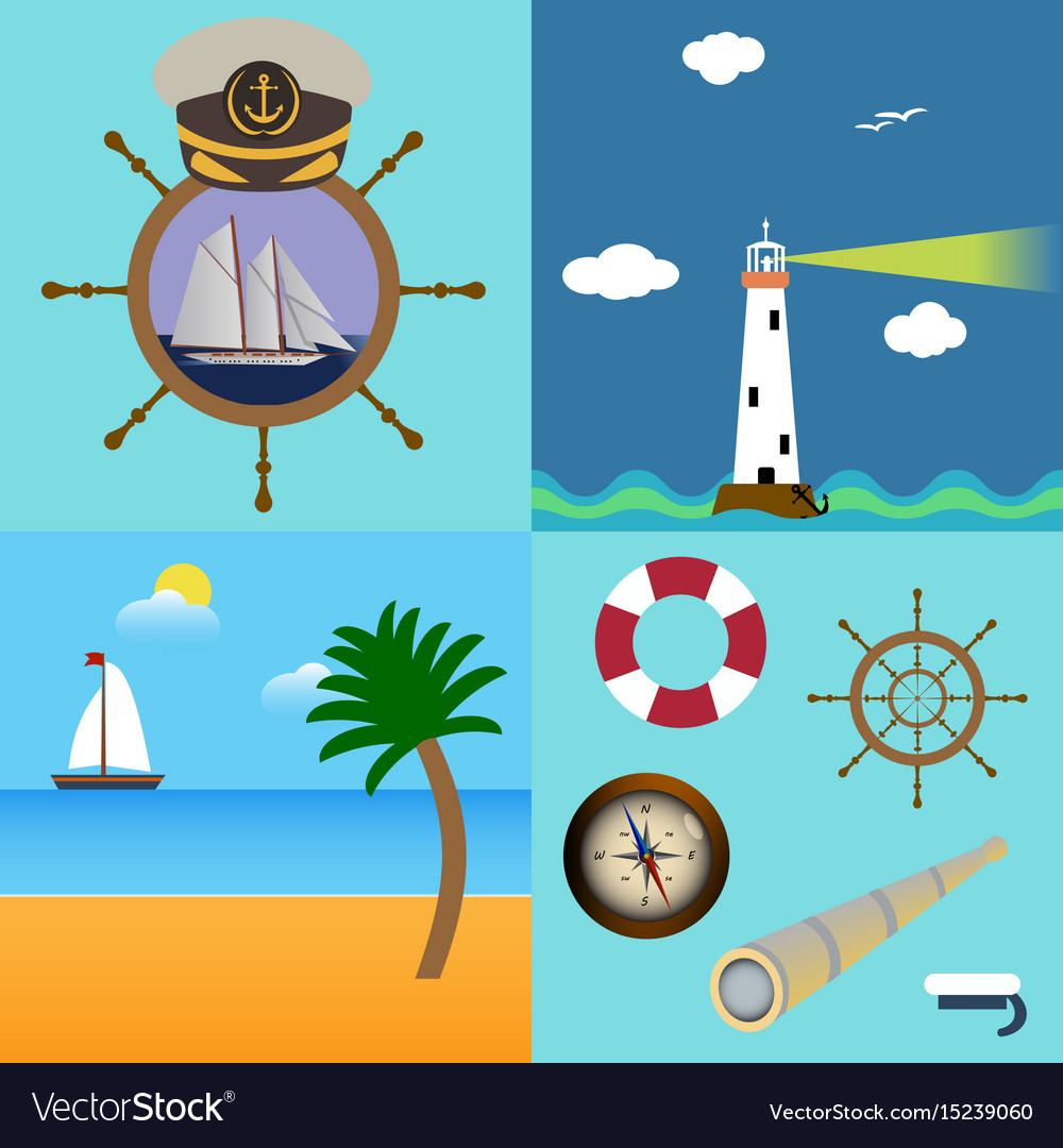 Four sea set with description of lighthouse boat Vector Image