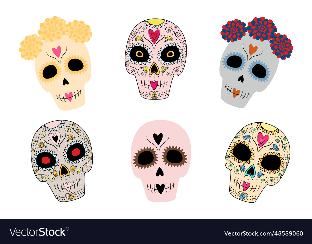 Set of 6 abstract patterned sugar skulls in trendy vector image Set of 6 abstract patterned sugar skulls in trendy