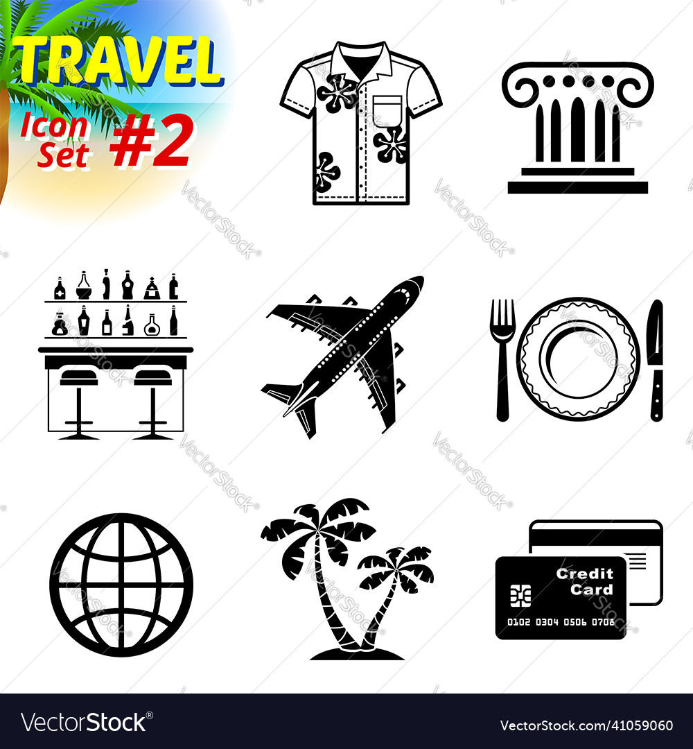 Set of black-and-white travel icons