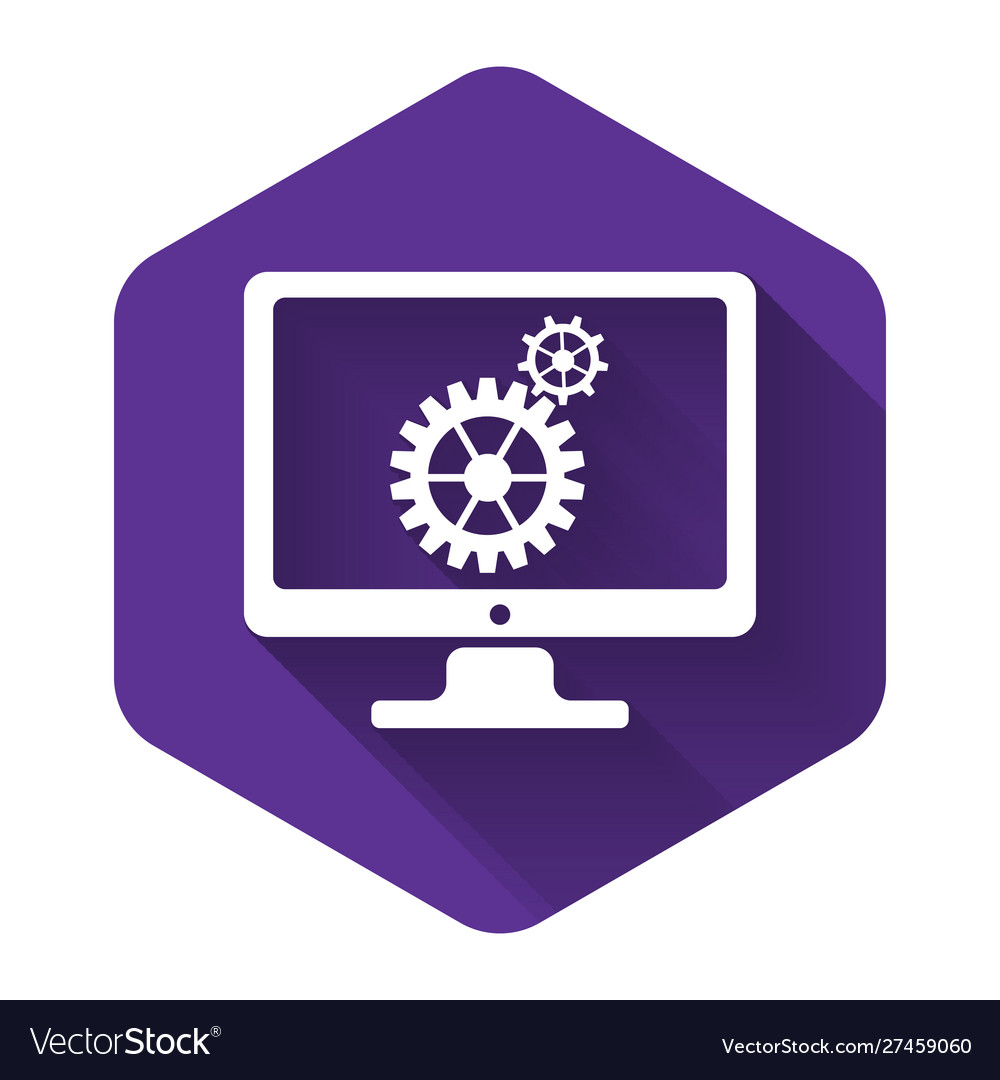 White computer monitor and gears icon with long vector image White computer monitor and gears icon with long