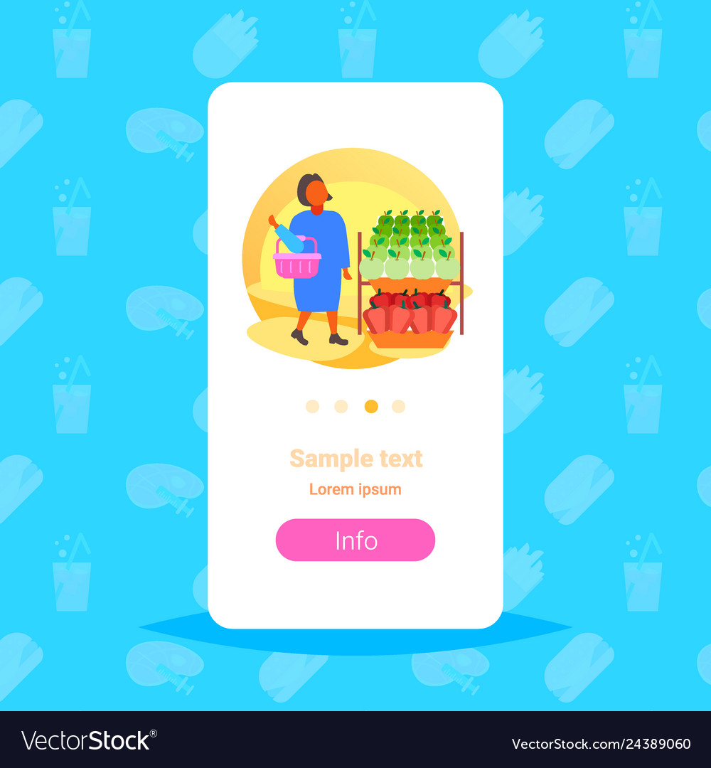 Woman customer holding basket choosing food big vector image Woman customer holding basket choosing food big