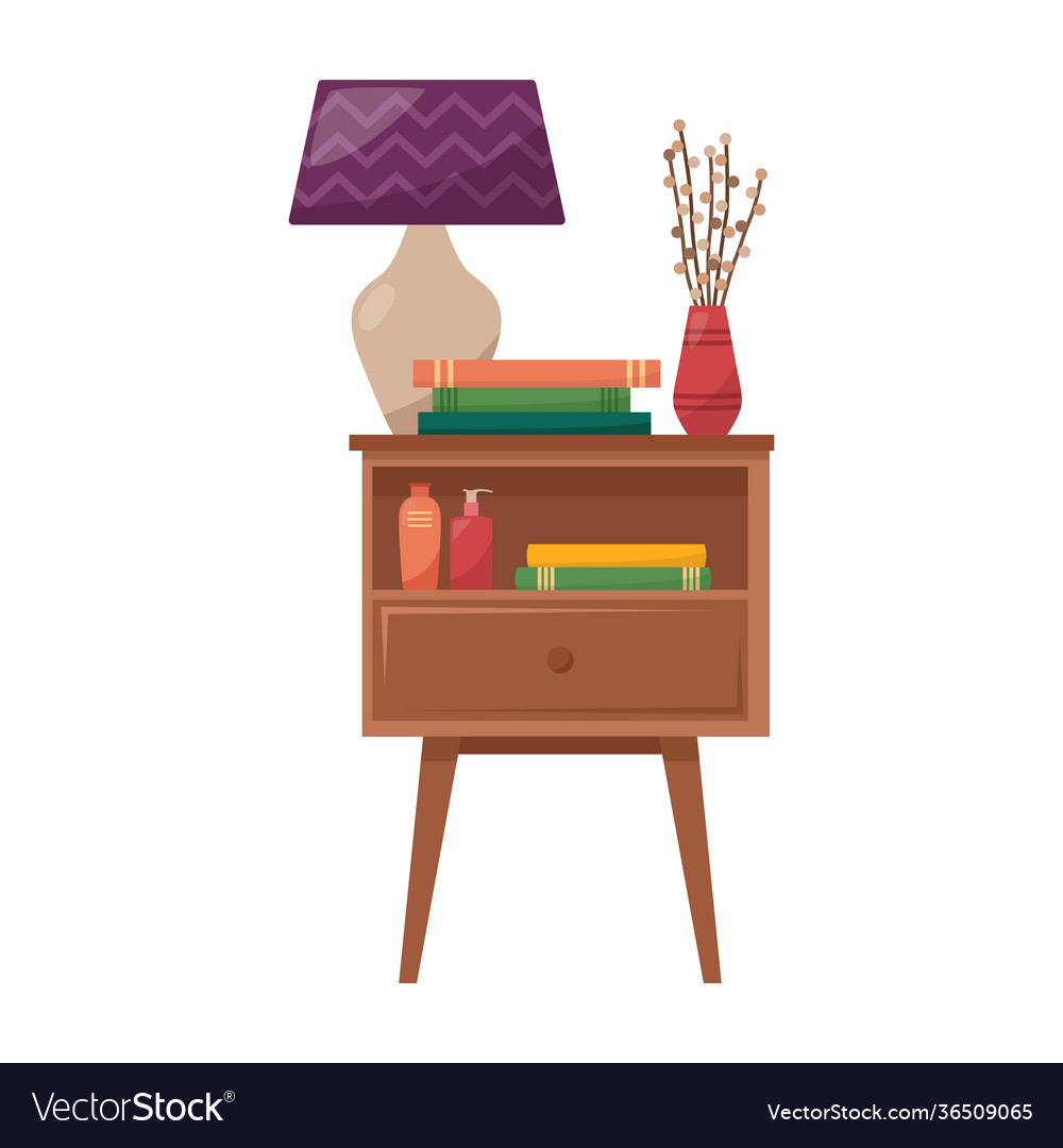 Bedside table with lamp books vase dried