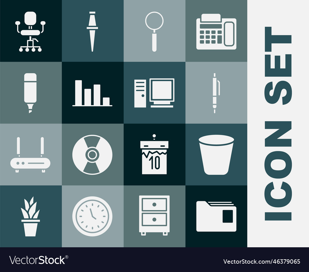Set document folder trash can pen magnifying vector image Set document folder trash can pen magnifying