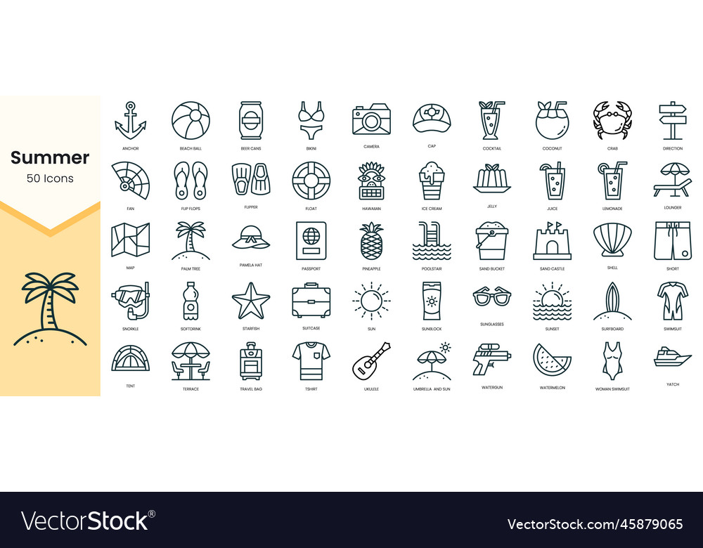 Simple outline set of summer icons linear style vector image Simple outline set of summer icons linear style