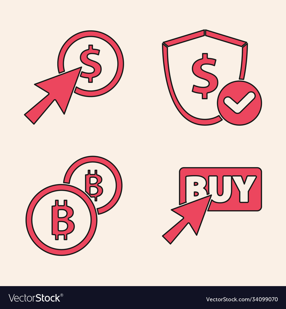 Set buy button cursor and coin shield vector image Set buy button cursor and coin shield